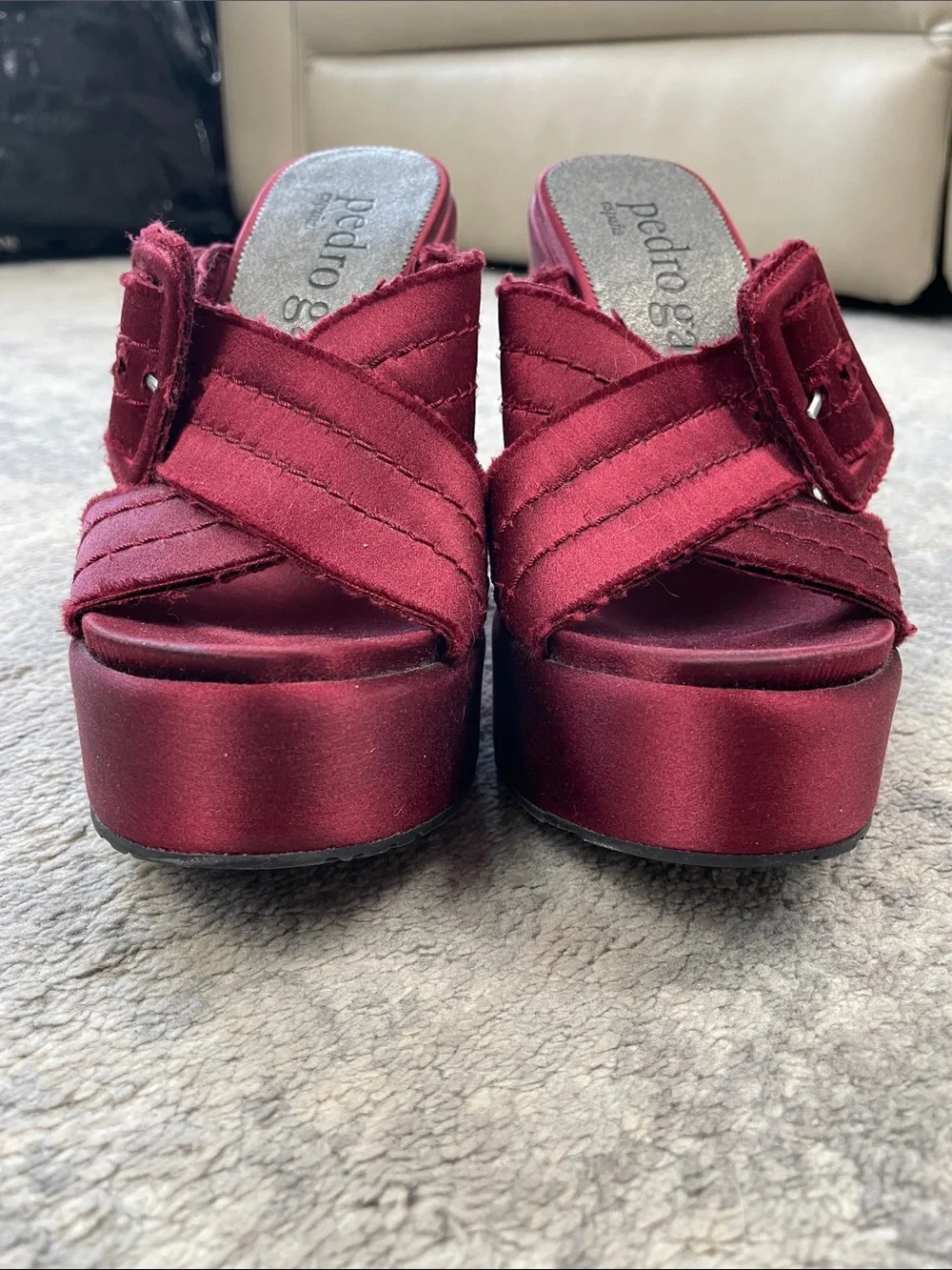 Pedro Garcia Tomasina Platform Sandal Mules Ruby Red Oxblood Satin Sz 36